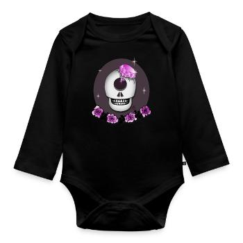 Totenkopf mit Rose, Diamant in Pink T-Shirt & Mehr - Baby Bio-Langarm-Body - Schwarz - Vorne