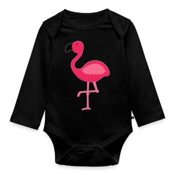 Cute Pink Flamingo Bird - Organic Longsleeve Baby Bodysuit - black - Front