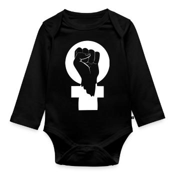 Weißes feministisches Symbol - Baby Bio-Langarm-Body - Schwarz - Vorne