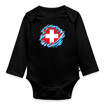 Drapeau Suisse Croix Vintage Look Usé Suisse - Body Bébé bio manches longues - noir - Devant