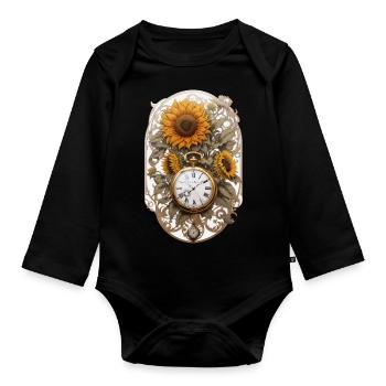 Clock with sunflowers - Organic Longsleeve Baby Bodysuit - black - Front