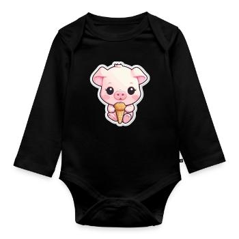 Mignon bébé cochon avec de la crème glacée - Body Bébé bio manches longues - noir - Devant