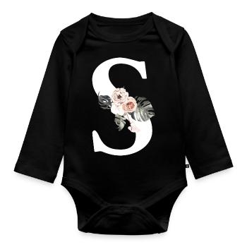 Tropischer Blumenbuchstabe S - Baby Bio-Langarm-Body - Schwarz - Vorne
