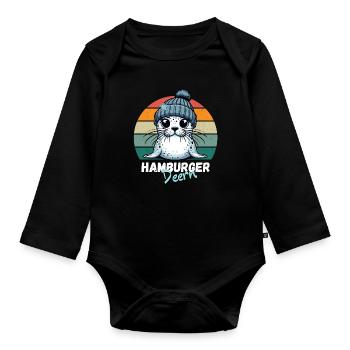 Hamburg Seehund Robbe Hamburger Deern Lustig Retro - Baby Bio-Langarm-Body - Schwarz - Vorne