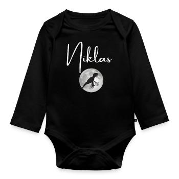 NIKLAS - Schöner Jungen Name mit Dinosaurier - Baby Bio-Langarm-Body - Schwarz - Vorne