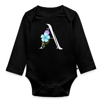 Eleganter Buchstabe 'A' mit Blumen - Baby Bio-Langarm-Body - Schwarz - Vorne