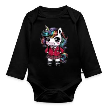 Licorne kawaii portant un uniforme scolaire - Body Bébé bio manches longues - noir - Devant