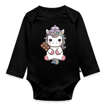 Süßes Kawaii Einhorn mit Schokolade - Baby Bio-Langarm-Body - Schwarz - Vorne