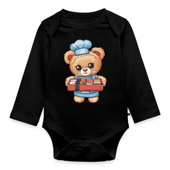Kawaii Teddy Bear with Colorful Lunch Box - Organic Longsleeve Baby Bodysuit - black - Front