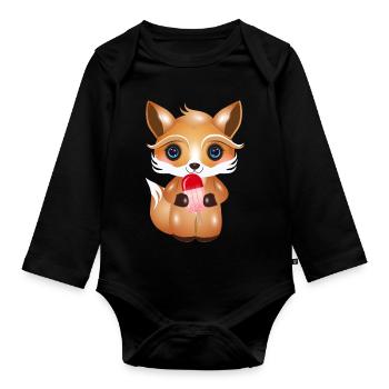 Cute kawaii fox with red ice cream on style - Organic Longsleeve Baby Bodysuit - black - Front