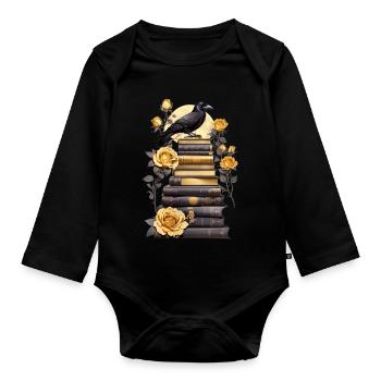 Pile de livres avec corbeau - Body Bébé bio manches longues - noir - Devant