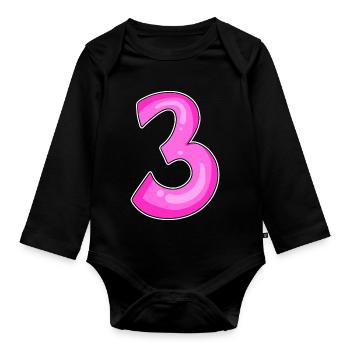 Drei - 3 - Nummer 3 - Zahl 3 - Baby Bio-Langarm-Body - Schwarz - Vorne