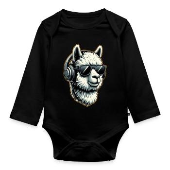 Alpaca llama with headphones and sunglasses - Organic Longsleeve Baby Bodysuit - black - Front