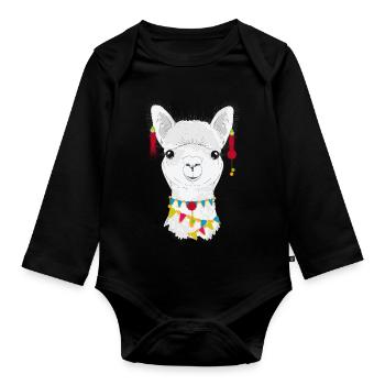 Colourfully decorated alpaca – charming animal motif - Organic Longsleeve Baby Bodysuit - black - Front