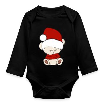 Teddy bear with winter hat Santa hat - Organic Longsleeve Baby Bodysuit - black - Front