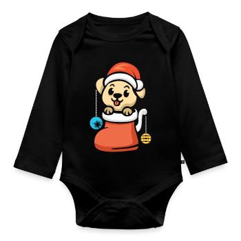 Weihnachtswelpe mit Schmuck im Stiefel - Baby Bio-Langarm-Body - Schwarz - Vorne