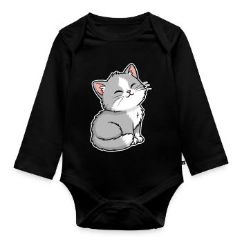 Chaton Gris et Blanc Heureux Portrait Kawaii - Body Bébé bio manches longues - noir - Devant