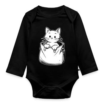 Kitten in a pouch illustration - Organic Longsleeve Baby Bodysuit - black - Front
