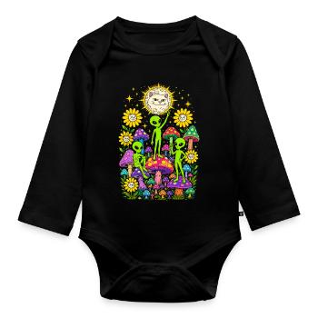 Extraterrestres au clair de lune de la forêt de champignons - Body Bébé bio manches longues - noir - Devant