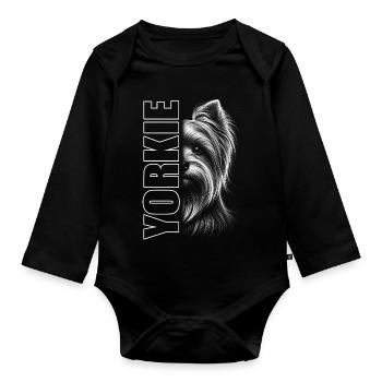 Yorkshire Terrier Porträt mit YORKIE Schriftzug - Baby Bio-Langarm-Body - Schwarz - Vorne