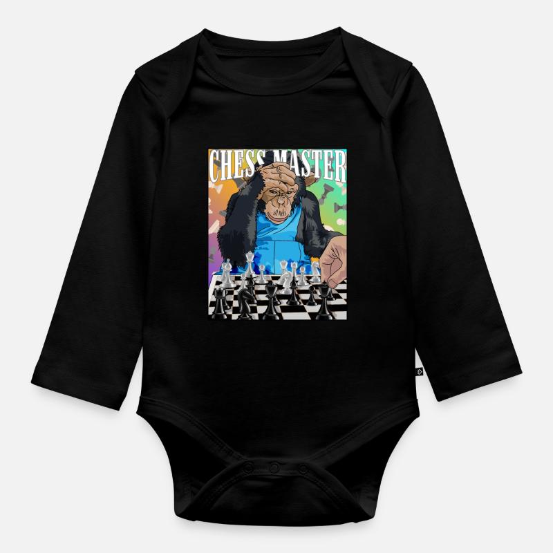 Chess Master Chimpanzee Chess Gift - Organic Longsleeve Baby Bodysuit - black