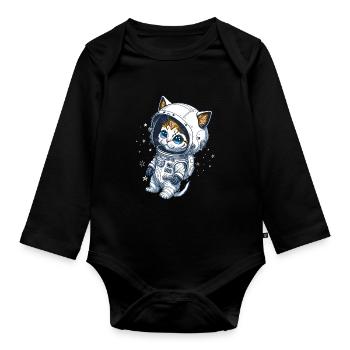 Baby cat in space - Organic Longsleeve Baby Bodysuit - black - Front