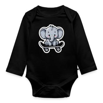 Cute baby elephant with skateboard Elephant mom - Organic Longsleeve Baby Bodysuit - black - Front