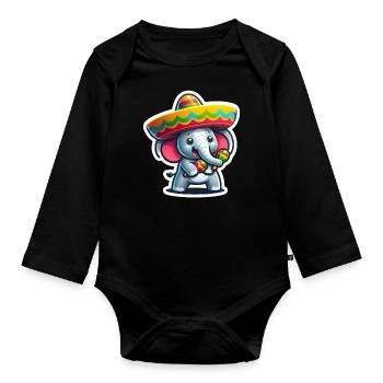 Cinco de Mayo Elefant mit Sombrero Cartoon - Baby Bio-Langarm-Body - Schwarz - Vorne