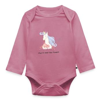 Unicorn loves flowers - Organic Longsleeve Baby Bodysuit - mauve - Front