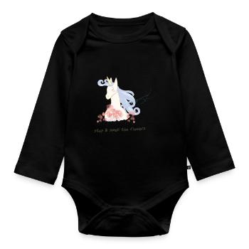 Unicorn loves flowers - Organic Longsleeve Baby Bodysuit - black - Front