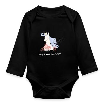 Unicorn loves flowers - Organic Longsleeve Baby Bodysuit - black - Front
