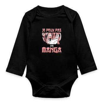Je peux pas j'ai Manga. Geek et Fans de manga. - Body Bébé bio manches longues - noir - Devant