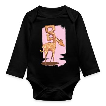 Giraffe cartoon with 8 in the neck. - Organic Longsleeve Baby Bodysuit - black - Front