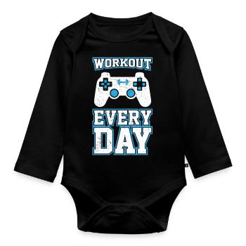 Gamer Gift Workout every day - Organic Longsleeve Baby Bodysuit - black - Front