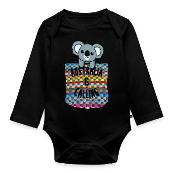 Koala in Brusttasche - Zum Abschied Australien - Baby Bio-Langarm-Body - Schwarz - Vorne