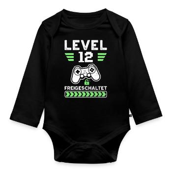 Level 12 Freigeschaltet - 12. Geburtstag - Baby Bio-Langarm-Body - Schwarz - Vorne