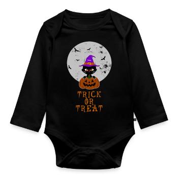 Halloween Trick or Treat Katze Kürbis Hexenhut - Baby Bio-Langarm-Body - Schwarz - Vorne