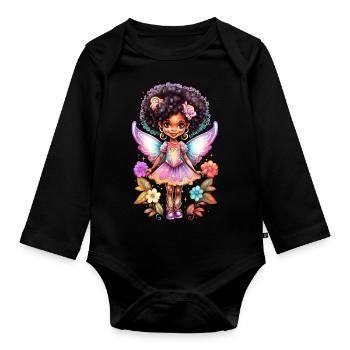Black Fairy with flowers and rainbow wings - Organic Longsleeve Baby Bodysuit - black - Front