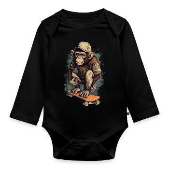Chimpanzee Skateboard Skater Monkey Skateboarder - Organic Longsleeve Baby Bodysuit - black - Front