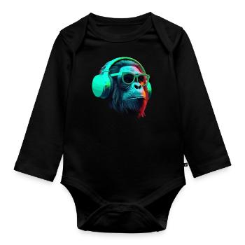 Chimpanzé singe avec lunettes de soleil et écouteurs DJ - Body Bébé bio manches longues - noir - Devant