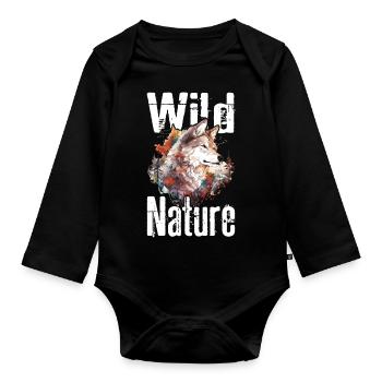 Wolf Wild Nature Wolfskopf Wildnis Wald Bäume - Baby Bio-Langarm-Body - Schwarz - Vorne