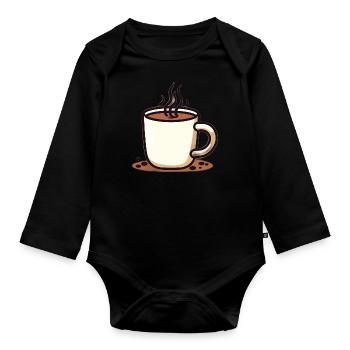 Minimalistischer Kaffee - Dampfender Becher - Baby Bio-Langarm-Body - Schwarz - Vorne