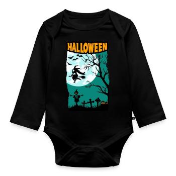 Halloween with witch full moon pumpkins and cemetery - Organic Longsleeve Baby Bodysuit - black - Front