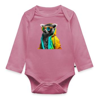 Lemur with Sunglasses Colorful Cool Ring-tailed lemur forest animal - Organic Longsleeve Baby Bodysuit - mauve - Front