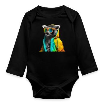 Lemur with Sunglasses Colorful Cool Ring-tailed lemur forest animal - Organic Longsleeve Baby Bodysuit - black - Front