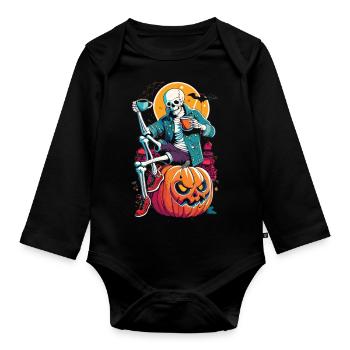 Skeleton on pumpkin - Halloween-style coffee break - Organic Longsleeve Baby Bodysuit - black - Front