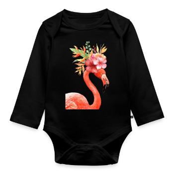 Flamant rose Couronne florale T shirt - Body Bébé bio manches longues - noir - Devant