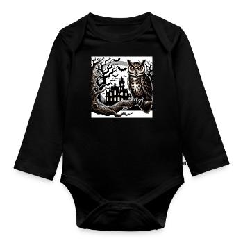Owl Halloween and Haunted Castle - Organic Longsleeve Baby Bodysuit - black - Front