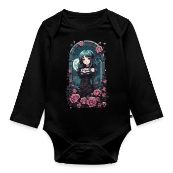 Gothic Pastel Anime Girl Victorian with Roses - Organic Longsleeve Baby Bodysuit - black - Front