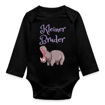 Shirts Kleiner Bruder mit süßem Nilpferd - Baby Bio-Langarm-Body - Schwarz - Vorne